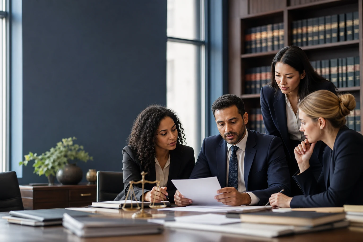 Legal strategy team reviewing a campaign brief